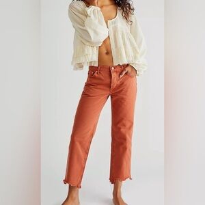 Free People We The Free Cropped Button Fly Raw Hem Jean Orange Sienna, Size 30